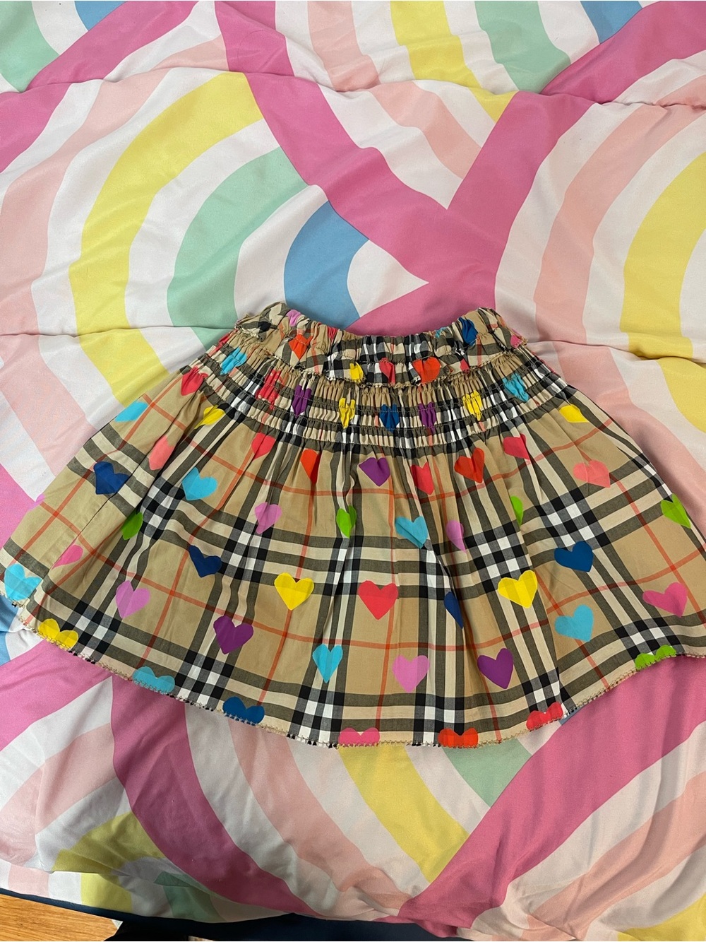 Burberry Beige Plaid Skirt with Multicolor Heart Print